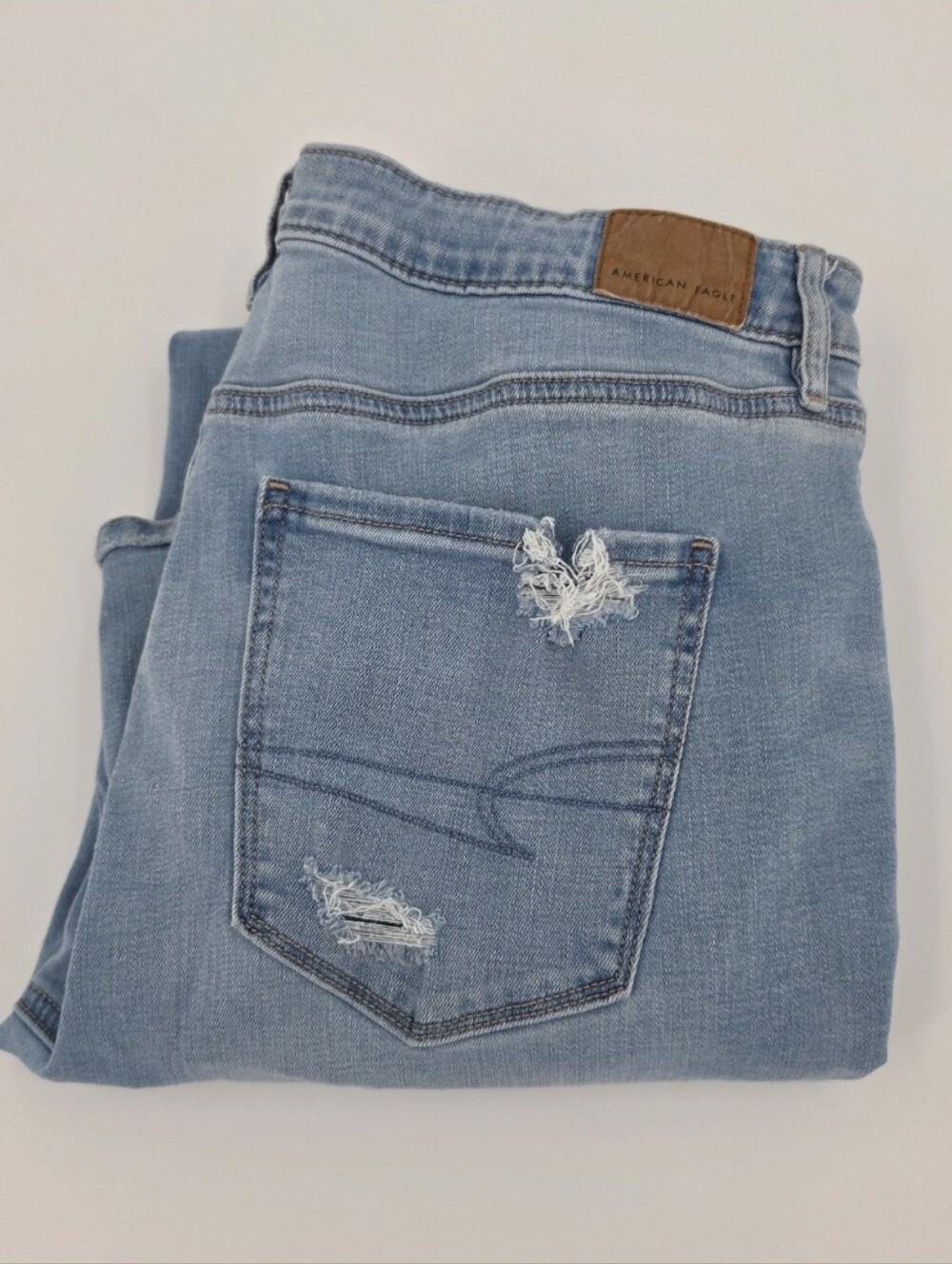 American Eagle Stretch Super Hi Rise Flare 14 Distressed Light Wash Denim